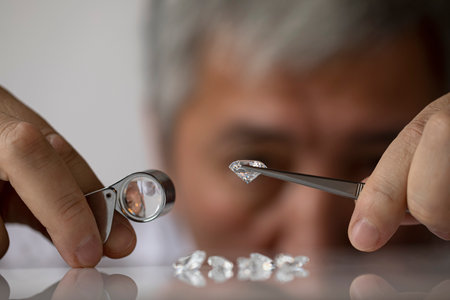 Close up of diamond dealers hands evaluating diamond at international jewelry exhibition. High quality photoの写真素材