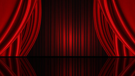 Red velvet curtain stage background. 3d render illustration mockup.の写真素材