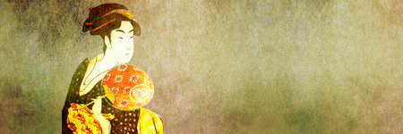 Asian woman in traditional dress with paper lanterns on grunge backgroundの写真素材