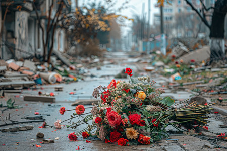 Flowers on the ground in the city. A bouquet of flowers lies on the ground.の素材