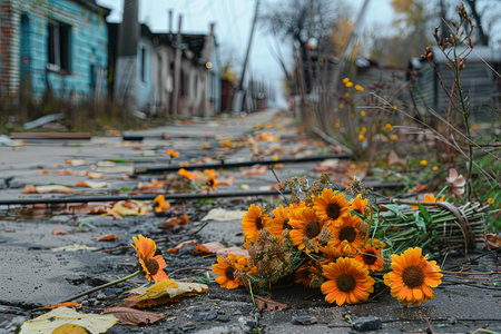 A bouquet of orange sunflowers lies on the asphalt.の素材