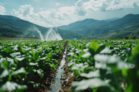 Landscape of chinese cabbage field with irrigation system in the morningの素材