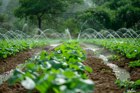 Sprinkler watering the vegetable garden in the morning, Thailand.の素材