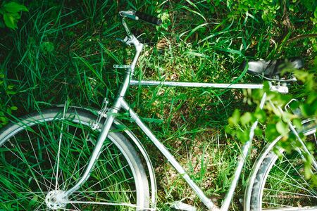 Top down view bicycle in the grass  close-upの写真素材