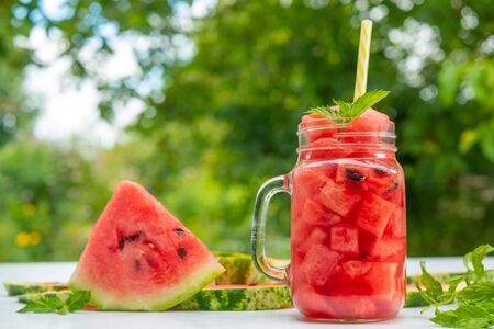 Summer Watermelon drink in glasses and slices of watermelon. Summer drinkの写真素材