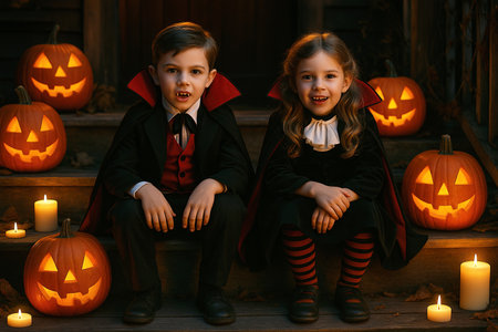 Halloween evening scene with two children dressed as vampires sitting on porch steps, surrounded by glowing pumpkins and candles. Cozy yet spooky festive mood.の素材