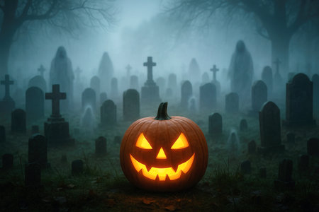 Halloween graveyard scene at night with a carved glowing pumpkin and faint ghostly figures in the background. Misty cinematic atmosphere creates a spooky mood.の素材