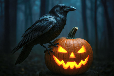 Moody Halloween concept showing a black raven sitting on a glowing carved pumpkin in a dark mysterious forest. Dramatic cinematic atmosphere for spooky themes.の素材