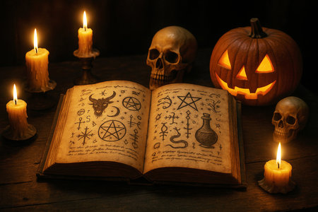 Dark magical still life of an old spellbook on a wooden table surrounded by candles, skull decorations, and a glowing carved pumpkin. Perfect for mystical and Halloween designs.の素材