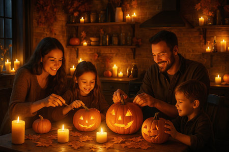 Cozy Halloween scene with a family carving pumpkins in a rustic kitchen decorated with candles and autumn leaves. Warm candlelight creates a festive seasonal mood.の素材