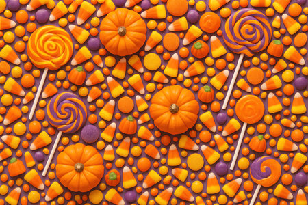 Cheerful festive Halloween background featuring colorful candies, lollipops, candy corn, and small pumpkins. Bright orange, yellow, and purple tones create a playful positive design.の素材