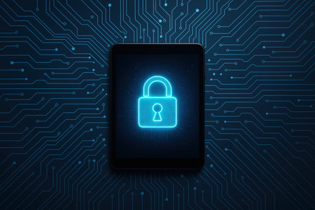 Modern flat lay composition showing a glowing padlock hologram displayed on a digital tablet, surrounded by abstract circuit patterns. Represents online data protection.の素材