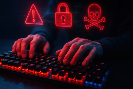 Cinematic close-up showing hacker's hands typing on a glowing keyboard with neon red and blue light reflections. Abstract warning symbols appear above the keys.の素材