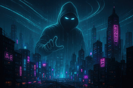 Cyberpunk-style cityscape with neon lights and a giant holographic hacker silhouette projected above skyscrapers. Glowing digital streams fill the sky, representing hacking and cyber threats.の素材