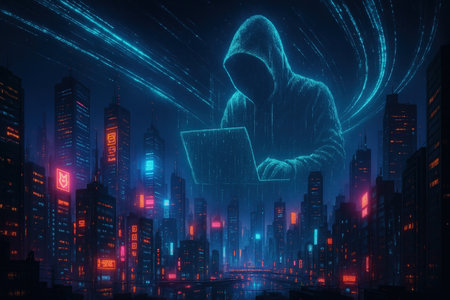Cyberpunk-style cityscape with neon lights and a giant holographic hacker silhouette projected above skyscrapers. Glowing digital streams fill the sky, representing hacking and cyber threats.の素材