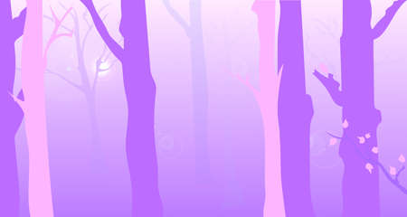 Misty forest in pink and purple with sun glareのイラスト素材