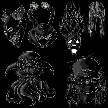 Set of six ghosts in cartoon style on a black backgroundのイラスト素材