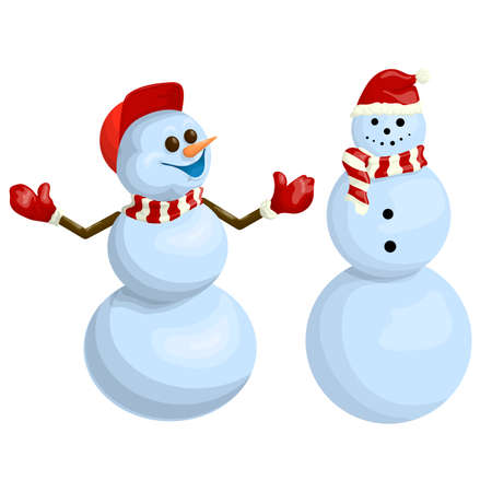 Two snowmen in a hat and cap with cartoon style scarvesのイラスト素材