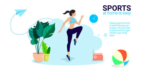 Athletic Female Character Exercising Fitness at Home. Sport Healthy Lifestyle Wellness Concept with Fit Woman Doing Pilates, Training. Vector Flat Illustrationのイラスト素材