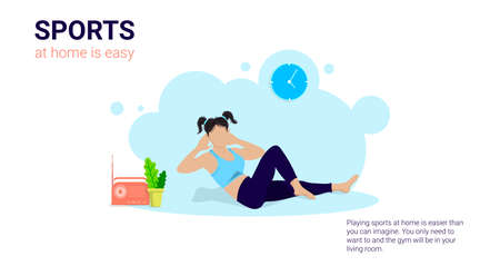 A young girl shakes the press in a laptop monitor. Sports concept. Workout. Home trainingのイラスト素材