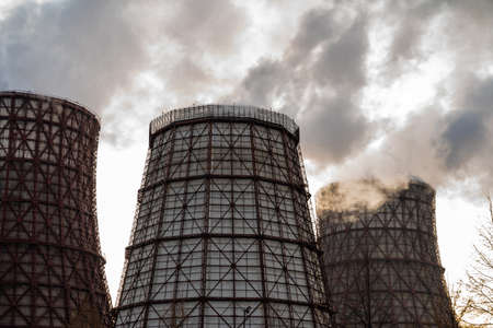 Power plant emits thick smoke. Concept - environmental pollution, global warming