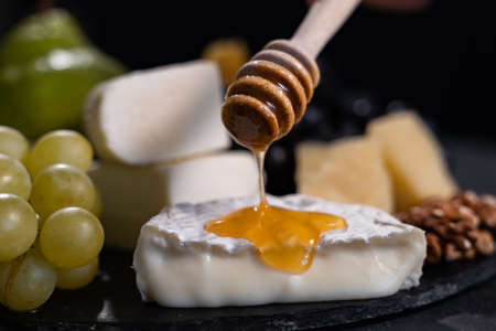 Cheese plate: Emmental, Camembert, Parmesan, blue cheese, bread sticks, walnuts, hazelnuts, honey, grapesの写真素材