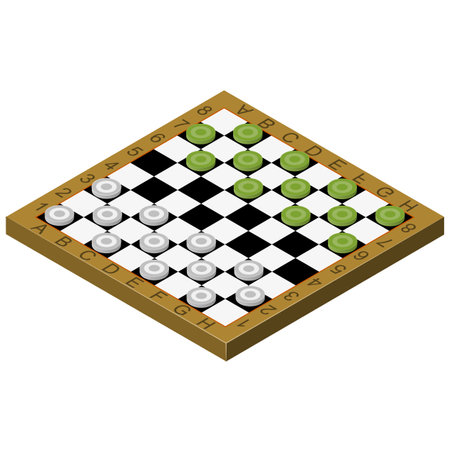 Isometric checkers. Board game. Game board made of wood. Isolated on white background. Isometric vector illustration.のイラスト素材