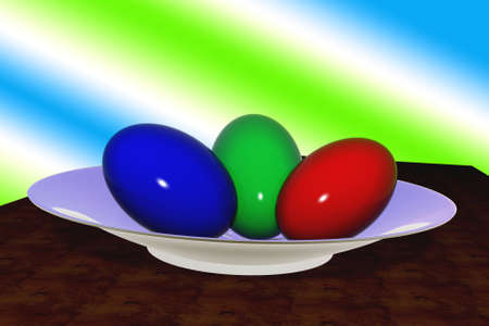 Multi-coloured eggs on a porcelain plate, on a multi-coloured background. An easter picture.の写真素材