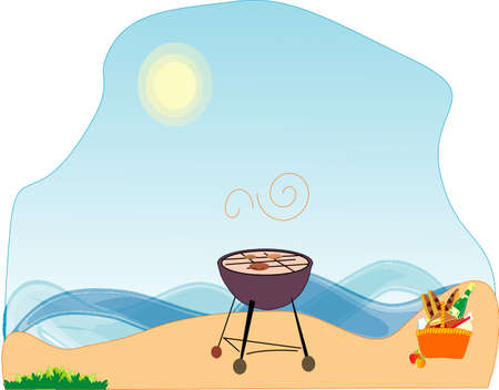 Picture with the image of belongings to picnic, on seacoast.の写真素材