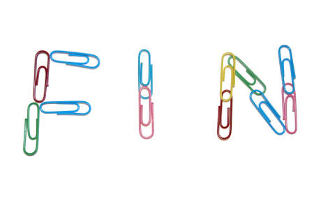Photo of paper clips from which the word Fin is laid out.