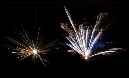 Two beautiful flashes of fireworks in the night sky.
