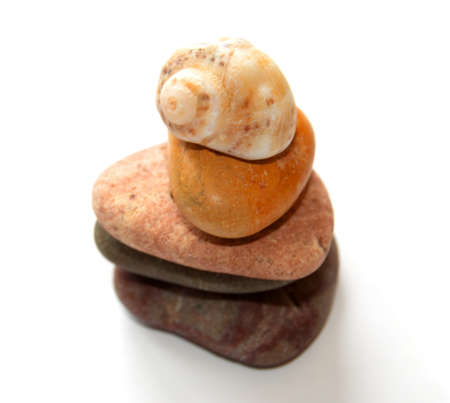 Sea cockleshell at top of a pyramid from stones.の写真素材