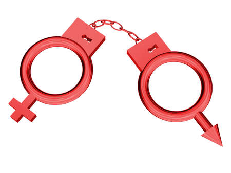 3D the image of man's and female symbols in the form of handcuffs from gold.の写真素材