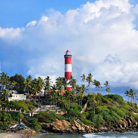 Classic red and white striped lighthouse standing on Indian Ocean shore with dramatic clouded sky, symbolizing safety, navigation, travelの写真素材