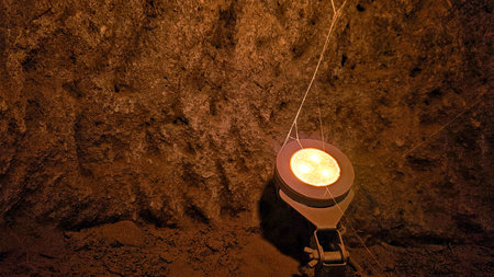 Cappadocia cave interior in Turkey with warm lantern lights and soft illumination highlighting stone...