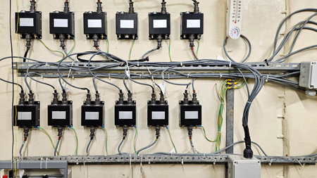 Multiple industrial junction boxes and cable lines neatly organized on wall in automation control...
