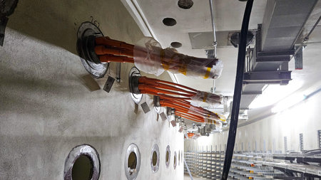 Orange high-voltage cables installed through metal ducts inside an underground utility tunnel