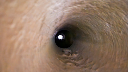 Inside view of a long pipe with light at the end, symbolizing hope and perspective in industrial...