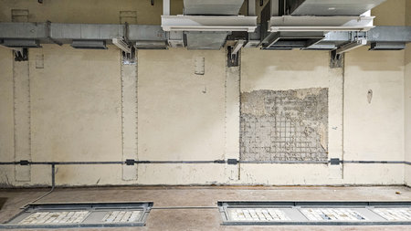 Closeup of engineer measuring industrial frame with ceramic insulation material inside metal gridの写真素材