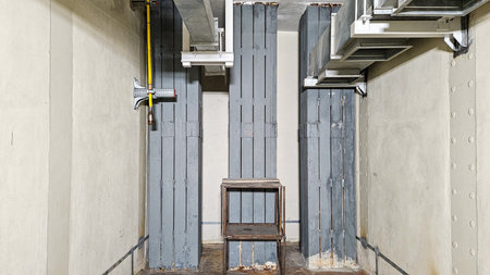 Engineering room with metal ventilation ducts, steel structures and industrial lighting