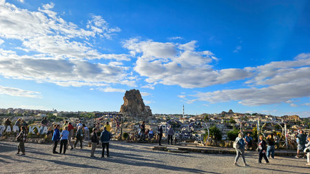 Crowd At Panoramic City Overlook Under Bright Blue Sky, Stone Terrace Edged By Balustrade, Expansive View Of Ancient Ruins And Modern Skyline,のeditorial素材