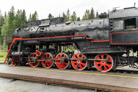 Historic black locomotive with bright red driving wheels stands on wooden track display outdoors, evergreen trees and overcast sky behind