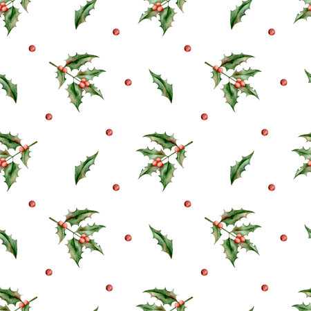 New Years Christmas hand drawn watercolor seamless pattern with holly branch and berriesの写真素材