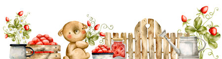 A cute funny little bear with bouquet of strawberries next to wooden fence, strawberry bushes, box of strawberries and watering can. Harvesting strawberries. Hand-drawn, watercolor berries illustration, in kids styleの写真素材