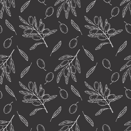 Seamless vector pattern with botanical olive branch with olives and leaves on a gray background. White line illustration for decoration and design fabrics, textiles, souvenirsのイラスト素材
