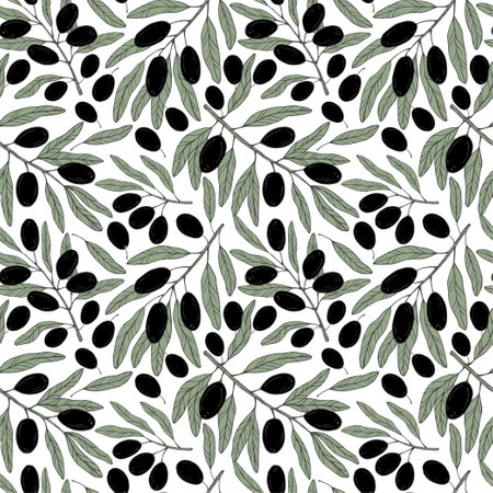 Seamless vector pattern with botanical olive branch with olives and leaves on a white background. Black line illustration for decoration and design fabrics, textiles, souvenirsのイラスト素材