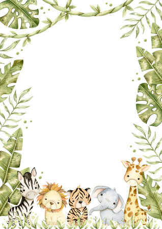 Safari watercolor hand-drawn illustration, frame with baby elephant, lion, tiger, zebra, giraffe and tropical leaves, creeper for kidsの写真素材