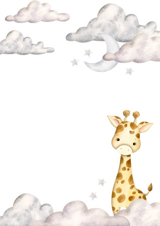 Safari watercolor hand-drawn illustration with baby giraffe, clouds, moon and stars for kids. Template for greeting cards or invitationsの写真素材