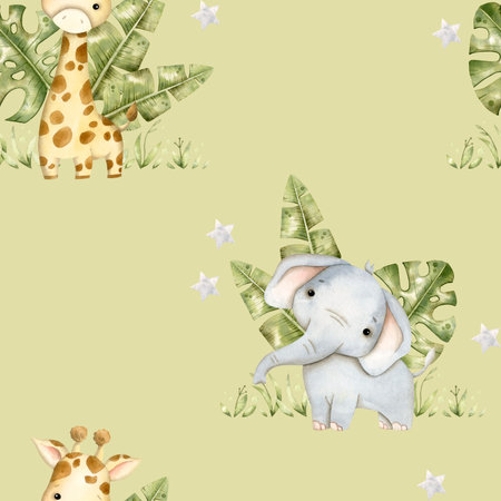 Safari watercolor hand-drawn seamless pattern with baby elephant, giraffe and tropical leaves for kidsの写真素材
