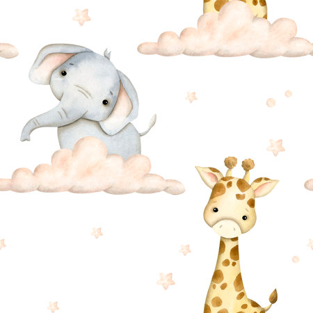 Watercolor hand-drawn seamless pattern with elephant, giraffe, clouds and stars for kidsの写真素材